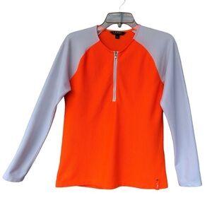 Lauren Ralph Lauren Honeycomb Half Zipper Neon Orange / White Long Sleeve Top  L